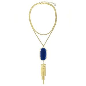 KENDRA SCOTT Rayne Long Gold Necklace w Deep Navy Blue Tassel Pendant